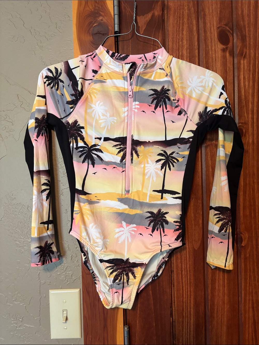 wonder nation Pink Yellow Black Palm-Print Rashguard Swimsuit
